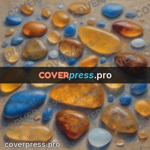 Soft pastel painting: amber and blue pebbles on sand