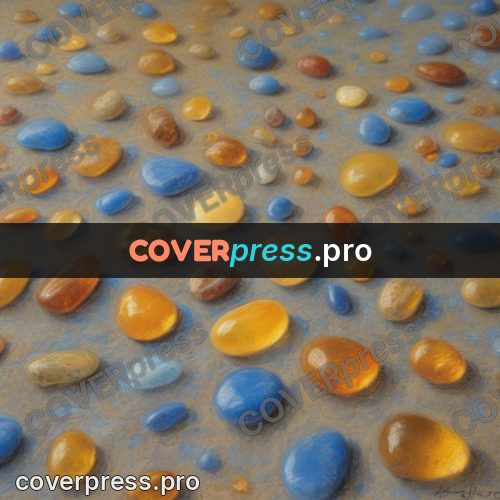 Soft pastel painting: amber and blue pebbles on sand