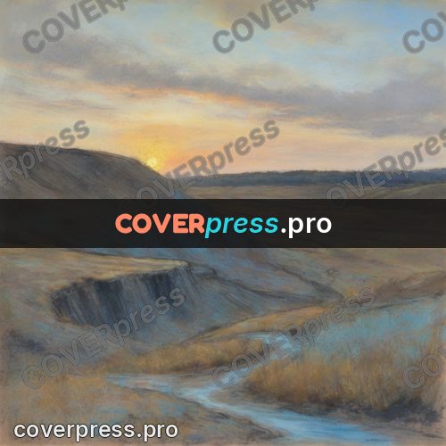 Soft pastel painting: ravine in the steppe at sunset