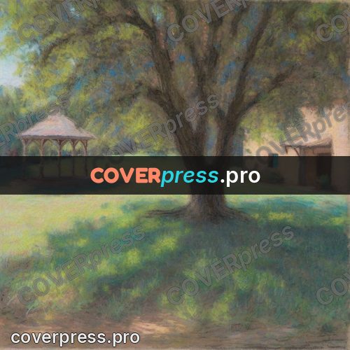 Soft pastel painting: grass under trees in a yard