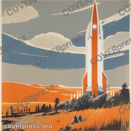 В стиле Советский плакат: издали, сквозь седой степной ковыль, видна ракета силуэтом в облаке пара