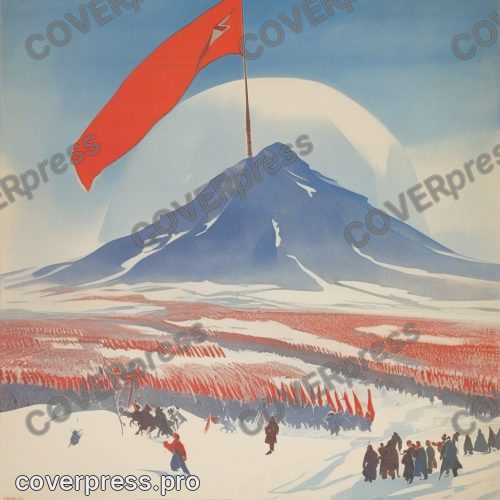 В стиле Советский плакат: крошечная фигура с флагом стоит на снежном куполе вершины, вокруг громада синих хребтов