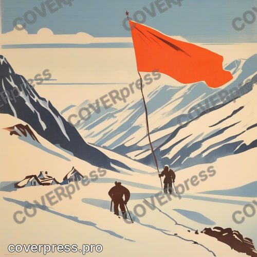 В стиле Советский плакат: ветер несёт полотнище горизонтально над перевалом, ниже двумя тёмными силуэтами идут