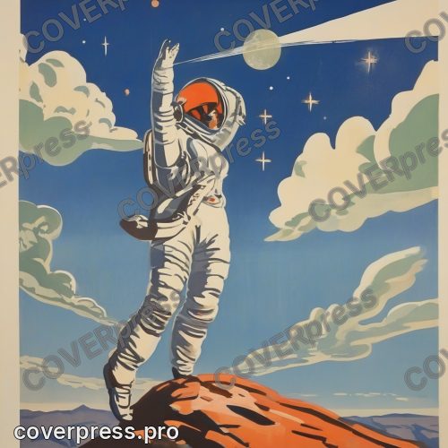 В стиле Советский плакат: женщина в скафандре стоит на краю каменного плато, шлем держит под мышкой, голова