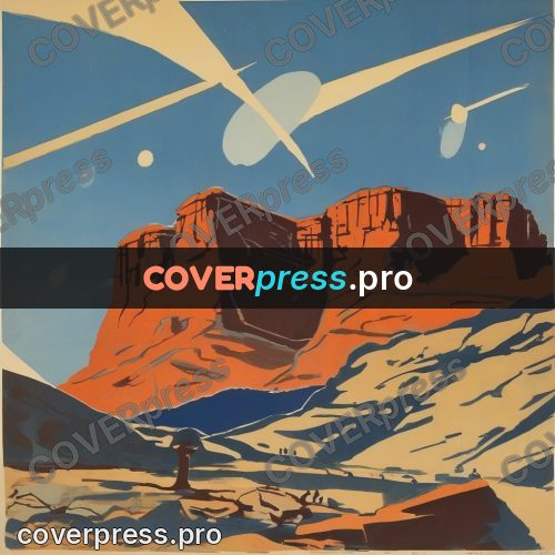 Soviet style illustration: rocky ridge under an orange sky