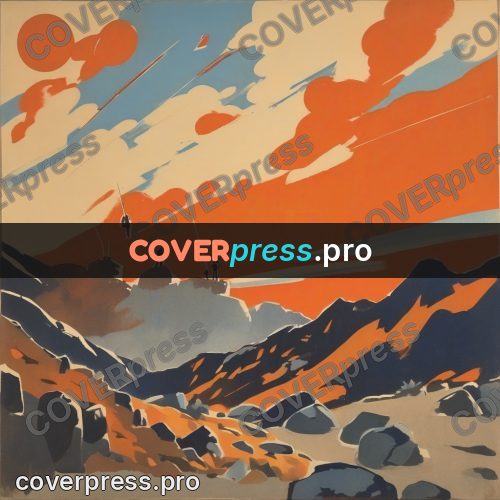 Soviet style illustration: rocky ridge under an orange sky