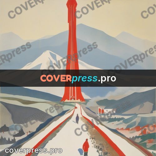 Soviet style illustration: red mountains and a valley road
