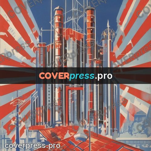Soviet style illustration: lattice towers in red and blue