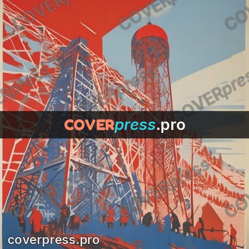 Soviet style illustration: lattice towers in red and blue
