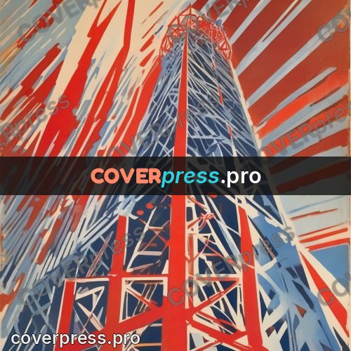 Soviet style illustration: lattice towers in red and blue