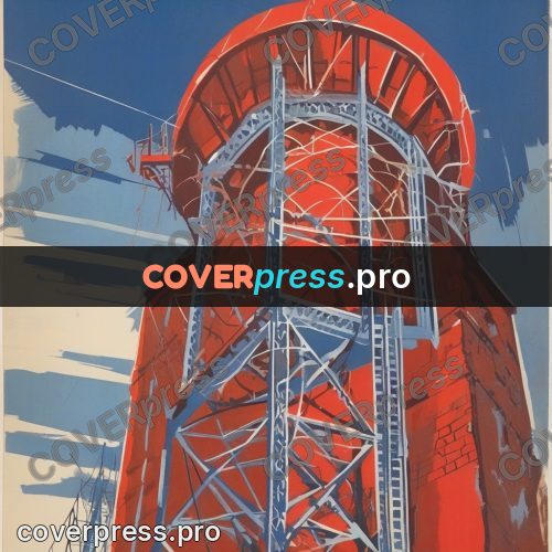 Soviet style illustration: lattice towers in red and blue