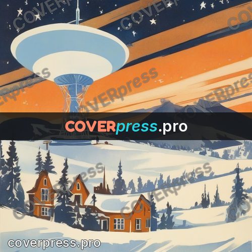 Soviet style illustration: buildings in snow under the stars