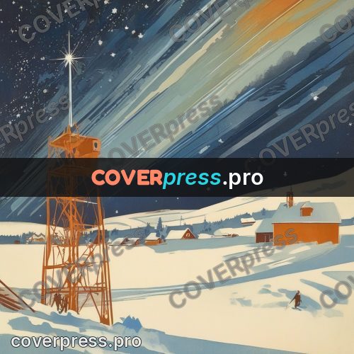 Soviet style illustration: buildings in snow under the stars
