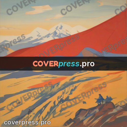 Soviet style illustration: red bands over a mountain ridge
