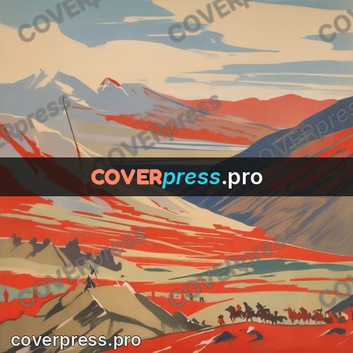 Soviet style illustration: red bands over a mountain ridge