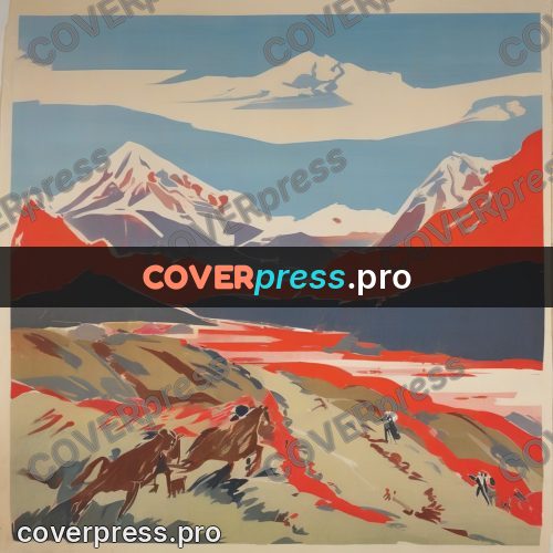 Soviet style illustration: red bands over a mountain ridge