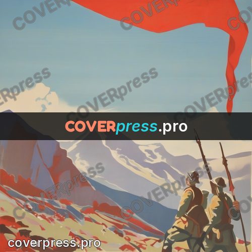 Soviet style illustration: red bands over a mountain ridge