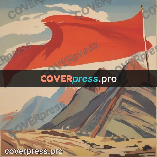 Soviet style illustration: red bands over a mountain ridge