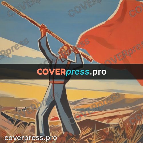 Soviet style illustration: man with a pole outdoors