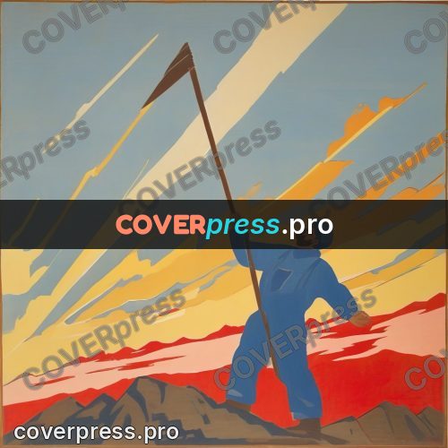 Soviet style illustration: man with a pole outdoors