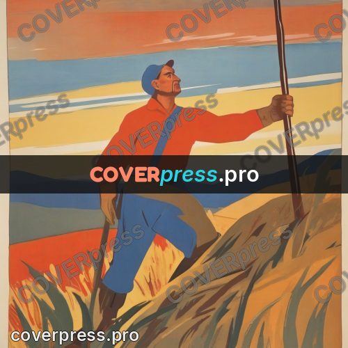 Soviet style illustration: man with a pole outdoors