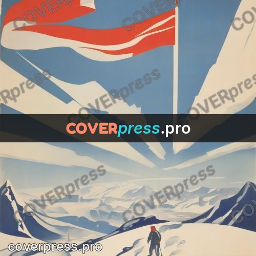 Soviet style illustration: flag on a snowy summit