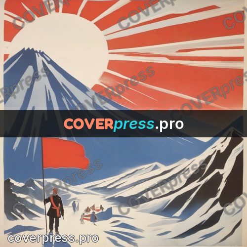 Soviet style illustration: flag on a snowy summit
