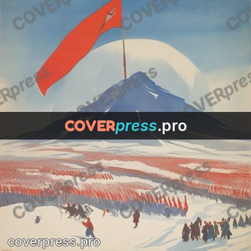 Soviet style illustration: flag on a snowy summit