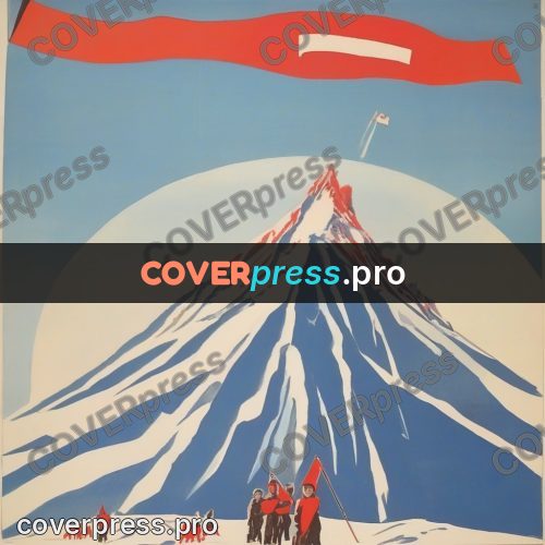 Soviet style illustration: flag on a snowy summit