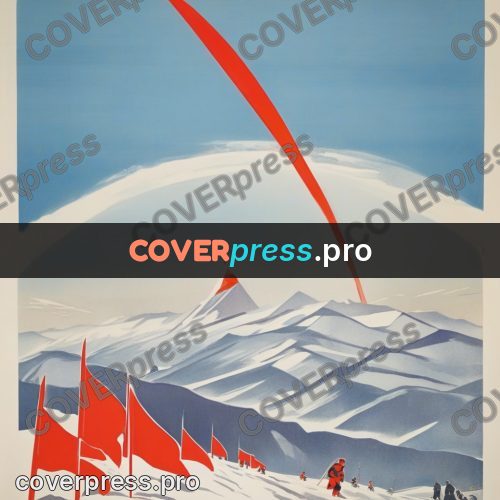 Soviet style illustration: flag on a snowy summit