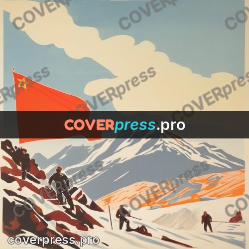 Soviet style illustration: figures on a snowy slope