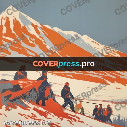 Soviet style illustration: figures on a snowy slope