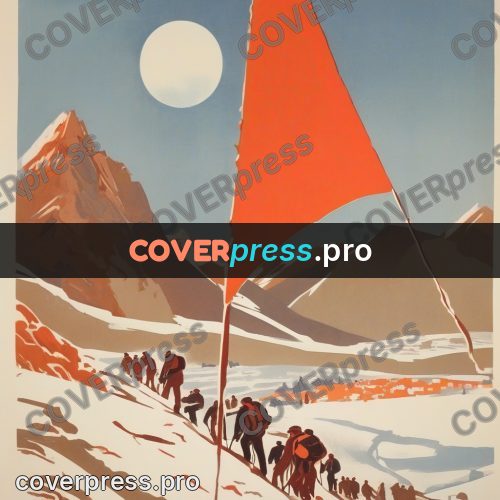Soviet style illustration: figures on a snowy slope