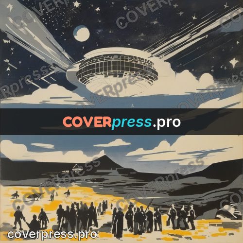 Soviet style illustration: plain under a starry sky
