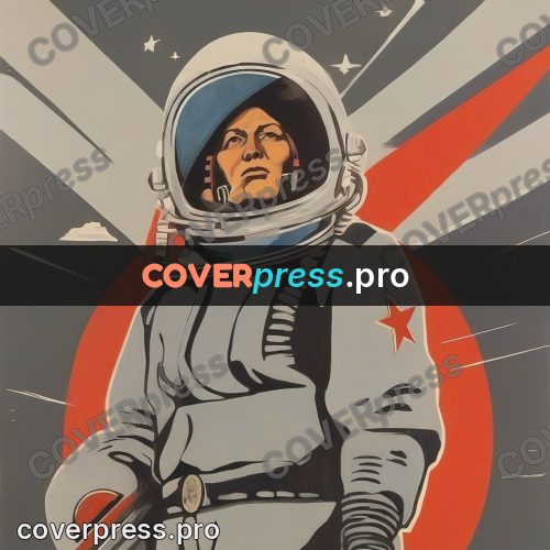 Soviet style illustration: cosmonaut at full height