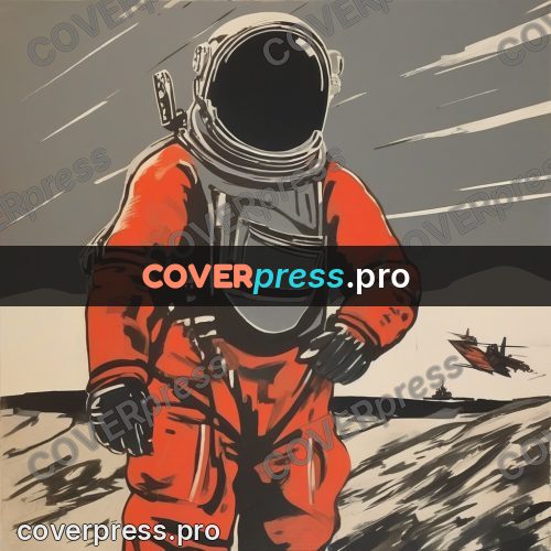 Soviet style illustration: cosmonaut at full height