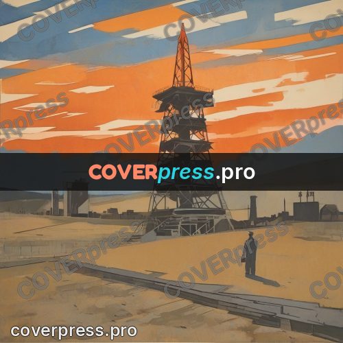 Soviet style illustration: tower and figure in a field