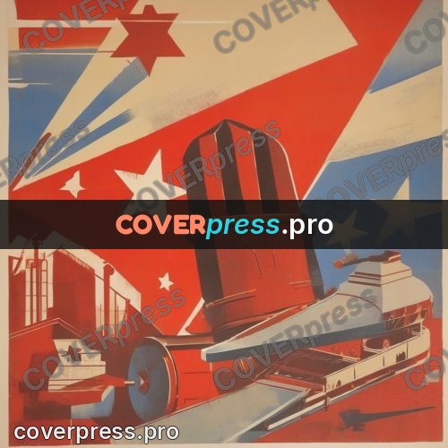 Soviet style illustration: machinery among rays and stars