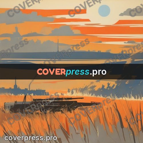 Soviet style illustration: field under an orange sky