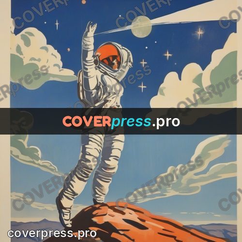 Soviet style illustration: spacesuit figure on a rock
