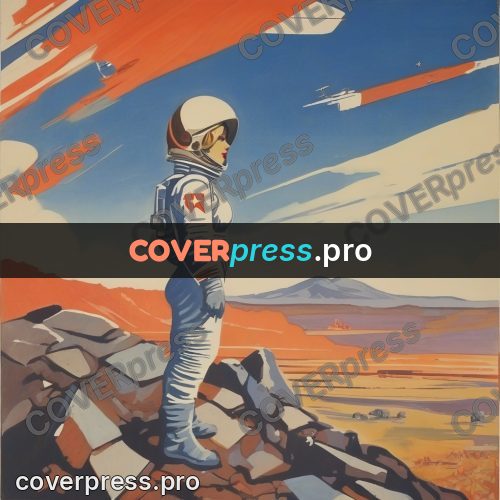 Soviet style illustration: spacesuit figure on a rock