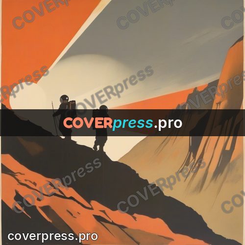 Soviet style illustration: figures in spacesuits on a slope