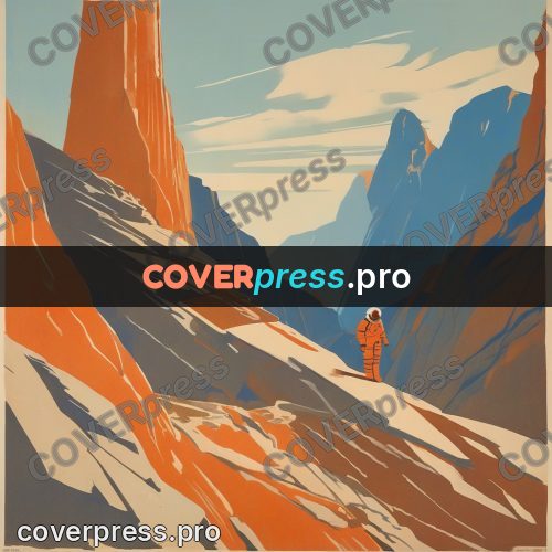 Soviet style illustration: cosmonaut above a rocky gorge