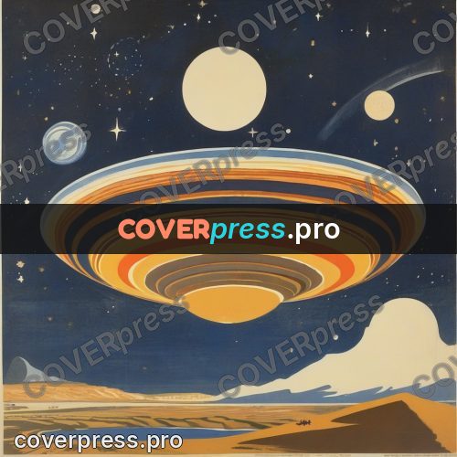 Soviet style illustration: ringed planet over a plain