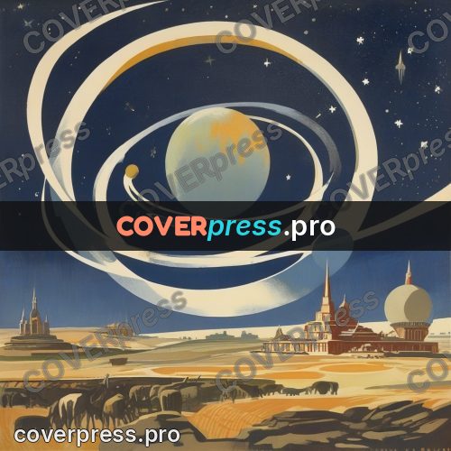 Soviet style illustration: ringed planet over a plain