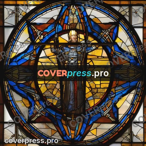 Stained glass illustration: robed figure in a medallion