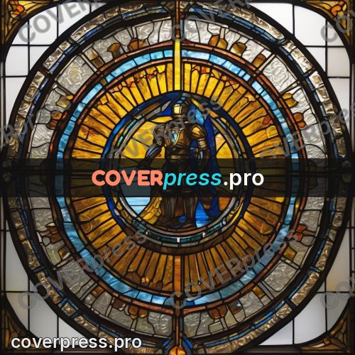 Stained glass illustration: robed figure in a medallion