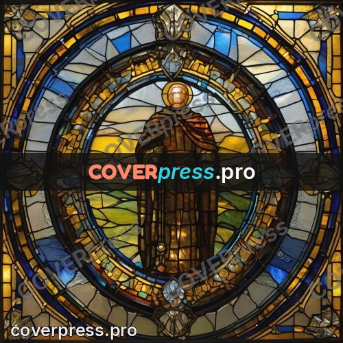 Stained glass illustration: robed figure in a medallion
