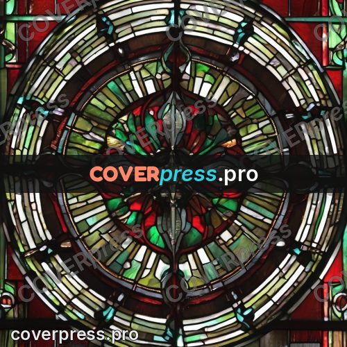 Stained glass illustration: round window in green and red