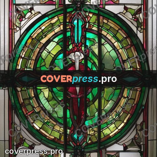 Stained glass illustration: round window in green and red